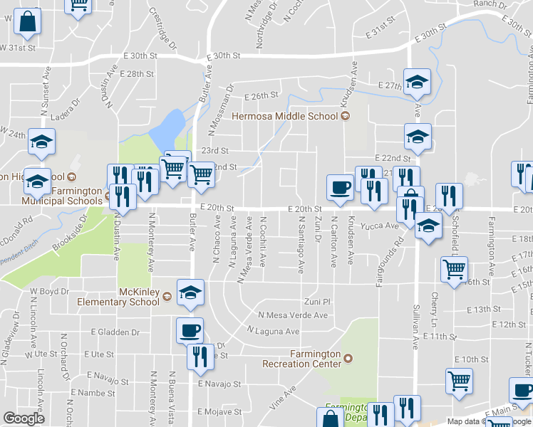 map of restaurants, bars, coffee shops, grocery stores, and more near 1812 North Cochiti Avenue in Farmington
