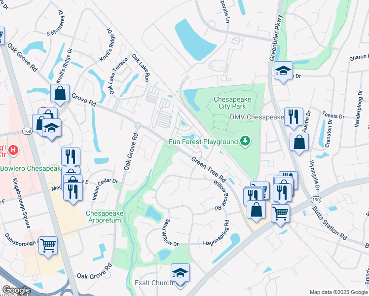 map of restaurants, bars, coffee shops, grocery stores, and more near 418 Blue Beech Way in Chesapeake
