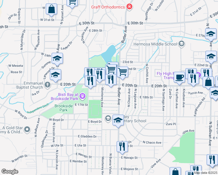 map of restaurants, bars, coffee shops, grocery stores, and more near 505 East 20th Street in Farmington