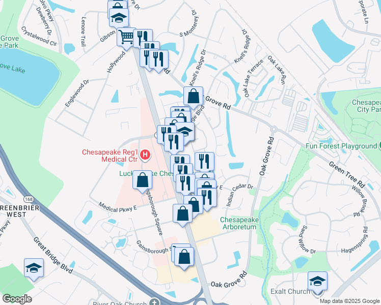 map of restaurants, bars, coffee shops, grocery stores, and more near 670 Ridge Circle in Chesapeake