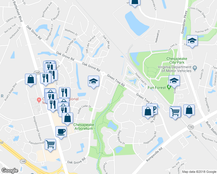 map of restaurants, bars, coffee shops, grocery stores, and more near 700 Green Tree Circle in Chesapeake