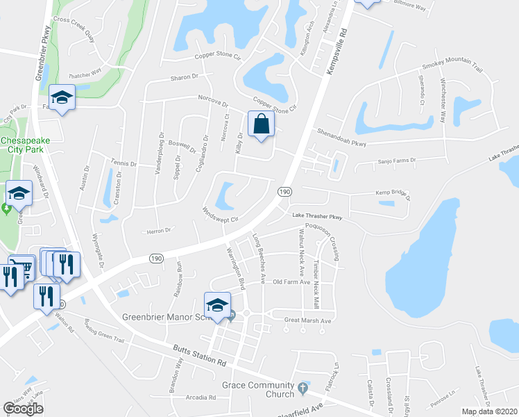 map of restaurants, bars, coffee shops, grocery stores, and more near 1220 Windswept Circle in Chesapeake