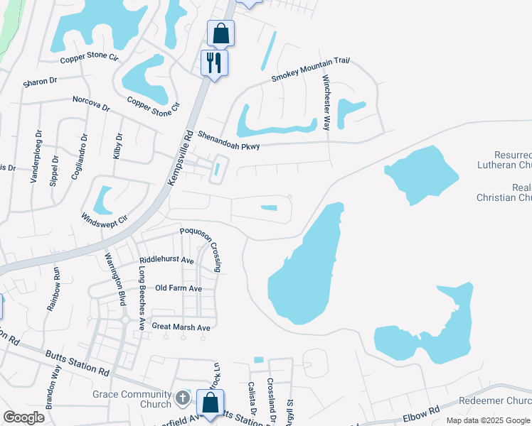 map of restaurants, bars, coffee shops, grocery stores, and more near 1445 Kemp Bridge Drive in Chesapeake