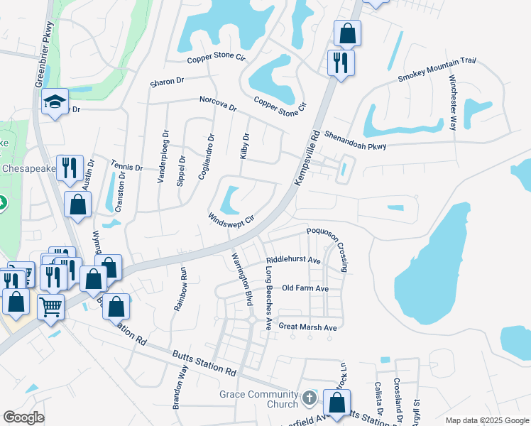 map of restaurants, bars, coffee shops, grocery stores, and more near 1220 Windswept Circle in Chesapeake