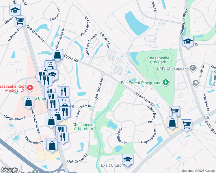 map of restaurants, bars, coffee shops, grocery stores, and more near 700 Green Tree Circle in Chesapeake
