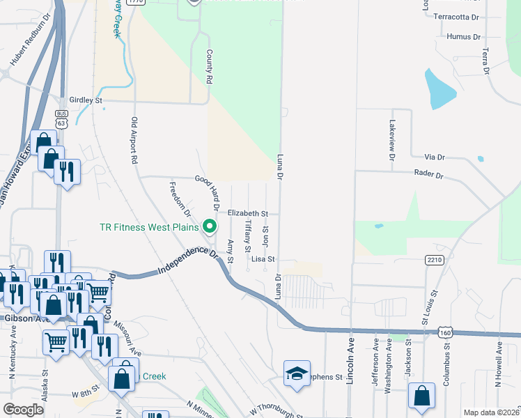 map of restaurants, bars, coffee shops, grocery stores, and more near 1707 Jon Street in West Plains
