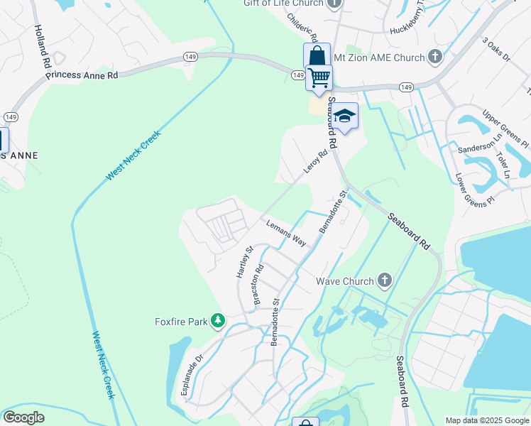 map of restaurants, bars, coffee shops, grocery stores, and more near Leroy Road in Virginia Beach