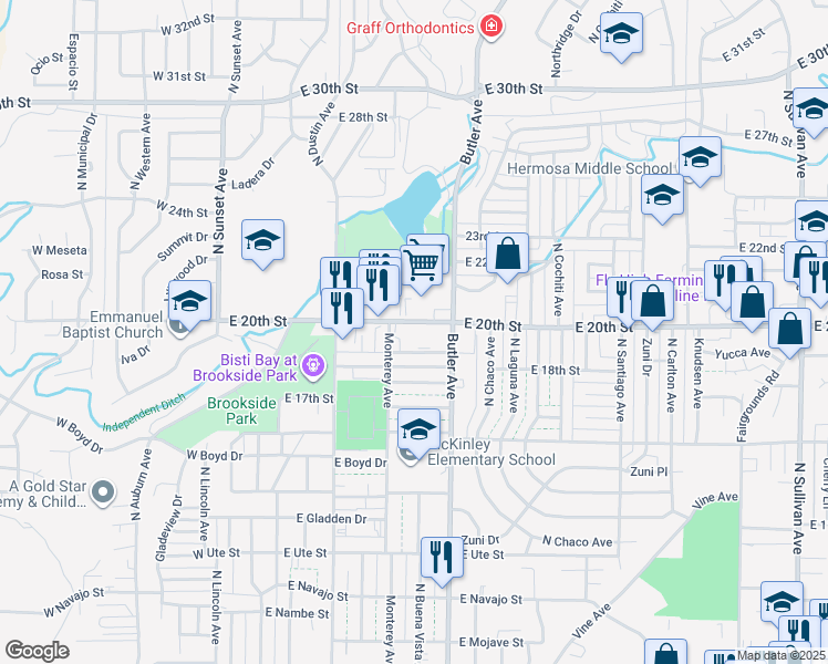 map of restaurants, bars, coffee shops, grocery stores, and more near 505 East 20th Street in Farmington