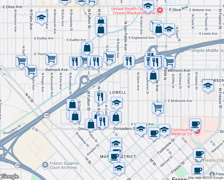 map of restaurants, bars, coffee shops, grocery stores, and more near 371 North Park Avenue in Fresno