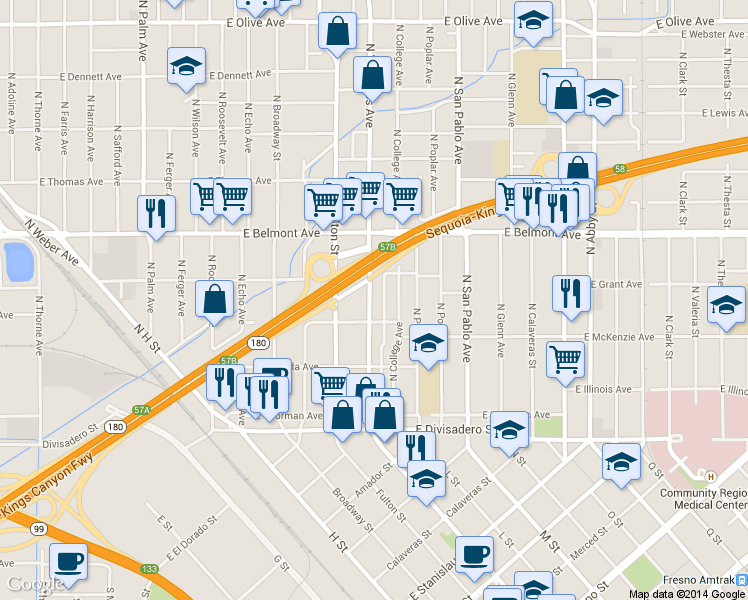 map of restaurants, bars, coffee shops, grocery stores, and more near 375 North Van Ness Avenue in Fresno