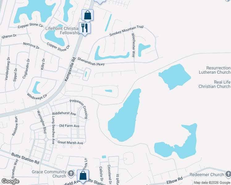 map of restaurants, bars, coffee shops, grocery stores, and more near 1426 Kemp Bridge Drive in Chesapeake