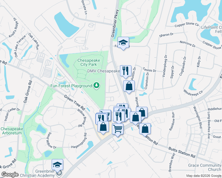 map of restaurants, bars, coffee shops, grocery stores, and more near 912 Lee Shore Court in Chesapeake