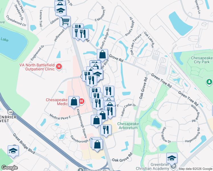 map of restaurants, bars, coffee shops, grocery stores, and more near 729 Ridge Circle in Chesapeake