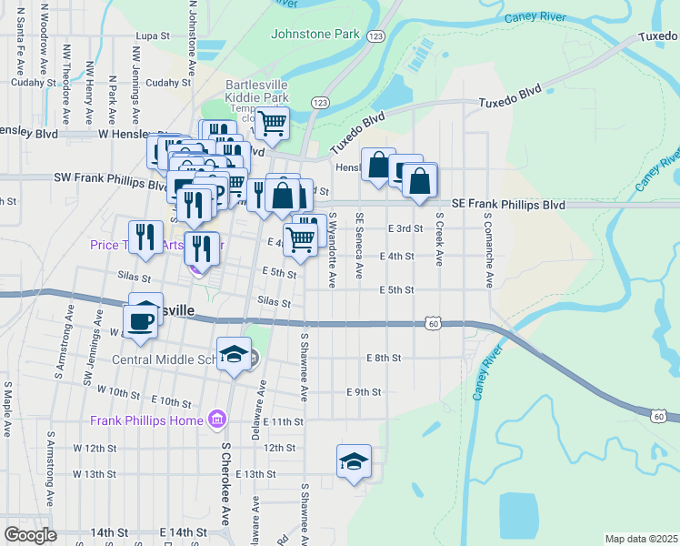 map of restaurants, bars, coffee shops, grocery stores, and more near 402 South Wyandotte Avenue in Bartlesville