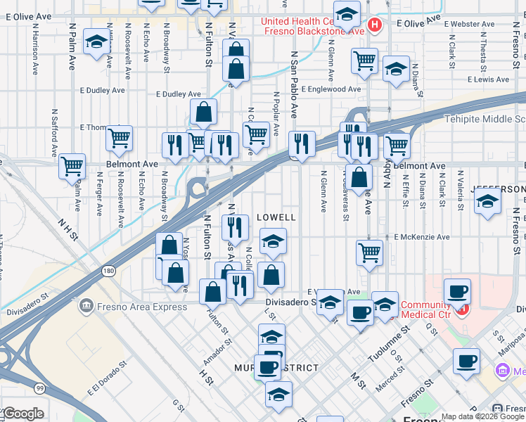 map of restaurants, bars, coffee shops, grocery stores, and more near 373 North Park Avenue in Fresno