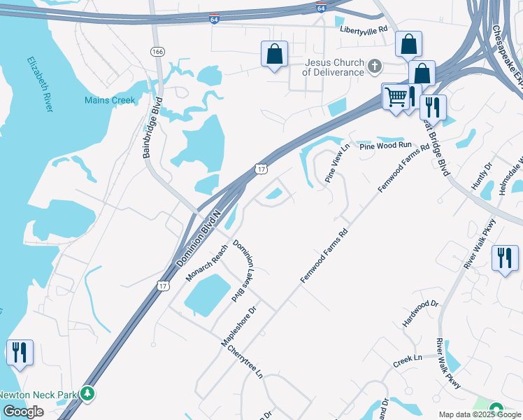 map of restaurants, bars, coffee shops, grocery stores, and more near 1304 Piedmont Arch in Chesapeake