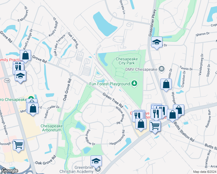 map of restaurants, bars, coffee shops, grocery stores, and more near 513 Silk Tree Lane in Chesapeake