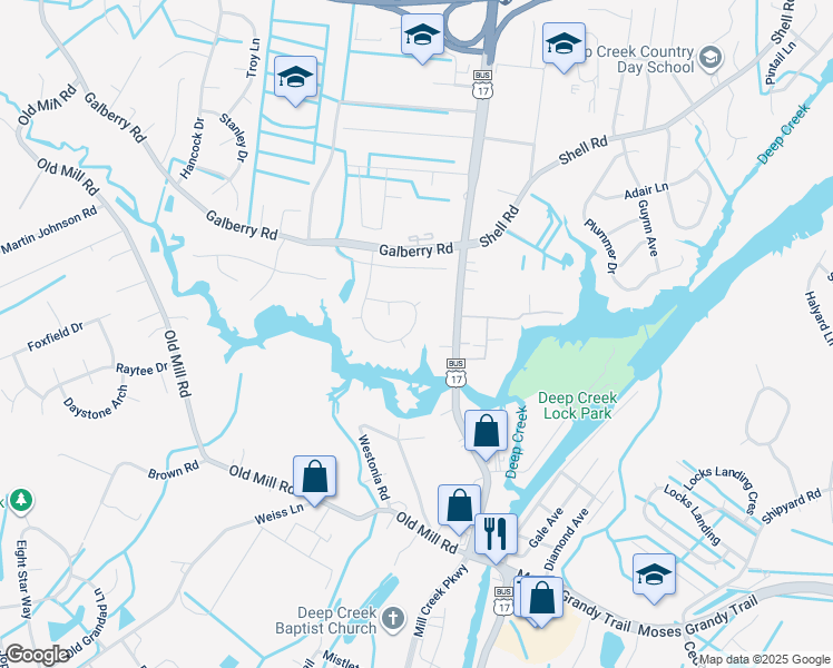 map of restaurants, bars, coffee shops, grocery stores, and more near 430 Weeping Cedar Trail in Chesapeake