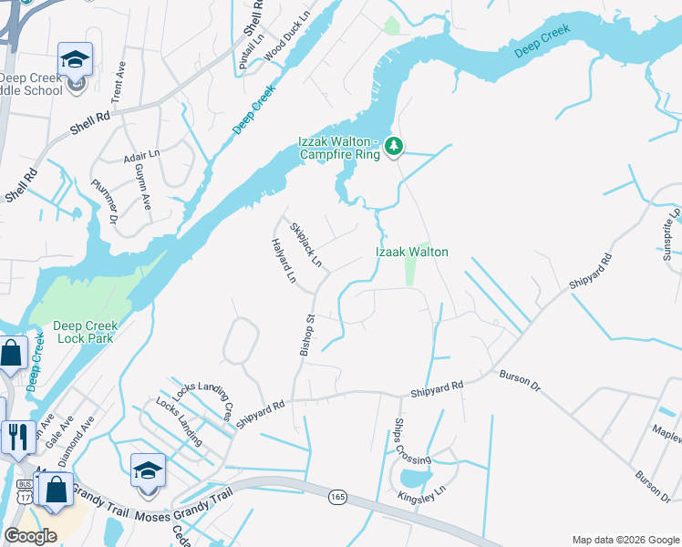 map of restaurants, bars, coffee shops, grocery stores, and more near 405 Bishop Street in Chesapeake