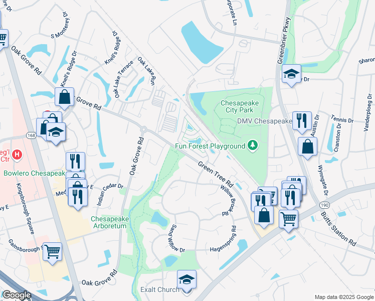 map of restaurants, bars, coffee shops, grocery stores, and more near 428 Blue Beech Way in Chesapeake