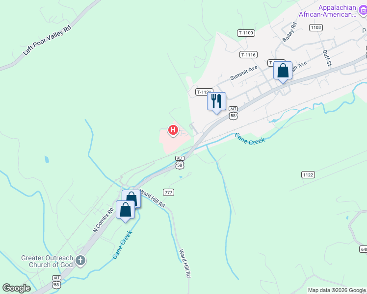 map of restaurants, bars, coffee shops, grocery stores, and more near North Combs Road in Pennington Gap