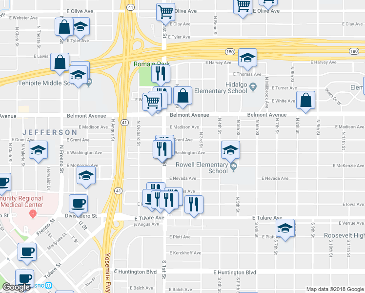map of restaurants, bars, coffee shops, grocery stores, and more near 350 North 2nd Street in Fresno