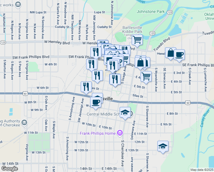 map of restaurants, bars, coffee shops, grocery stores, and more near 500 South Johnstone Avenue in Bartlesville