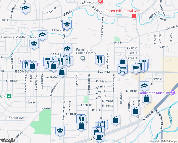 map of restaurants, bars, coffee shops, grocery stores, and more near 2001 North Farmington Avenue in Farmington