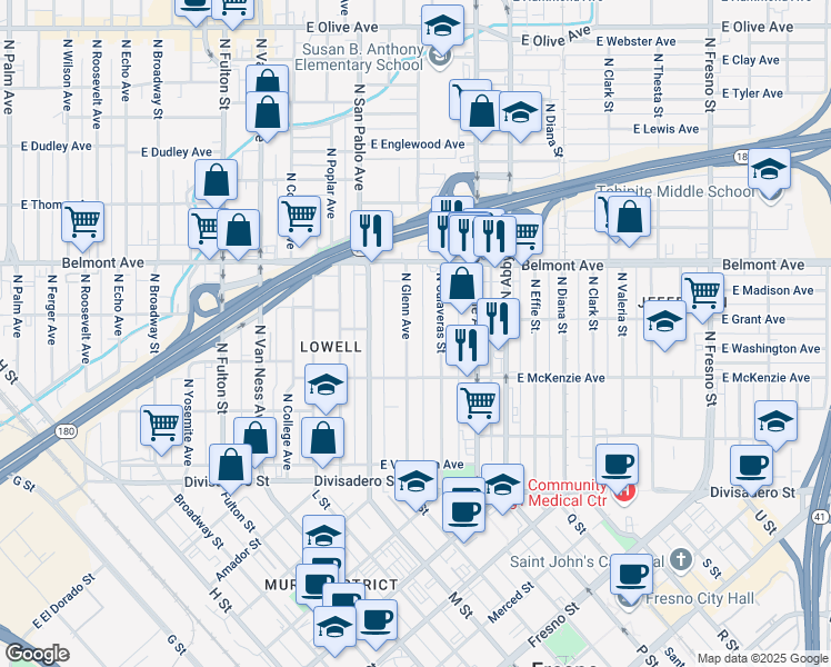 map of restaurants, bars, coffee shops, grocery stores, and more near 394 North Glenn Avenue in Fresno