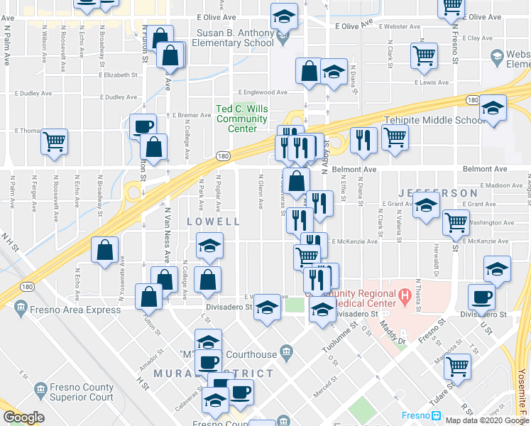 map of restaurants, bars, coffee shops, grocery stores, and more near 394 North Glenn Avenue in Fresno