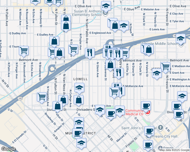 map of restaurants, bars, coffee shops, grocery stores, and more near 394 North Glenn Avenue in Fresno