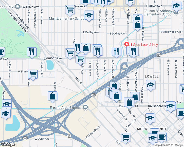 map of restaurants, bars, coffee shops, grocery stores, and more near 392 North Ferger Avenue in Fresno