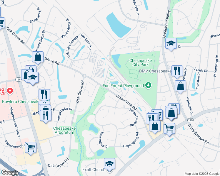 map of restaurants, bars, coffee shops, grocery stores, and more near 428 Blue Beech Way in Chesapeake