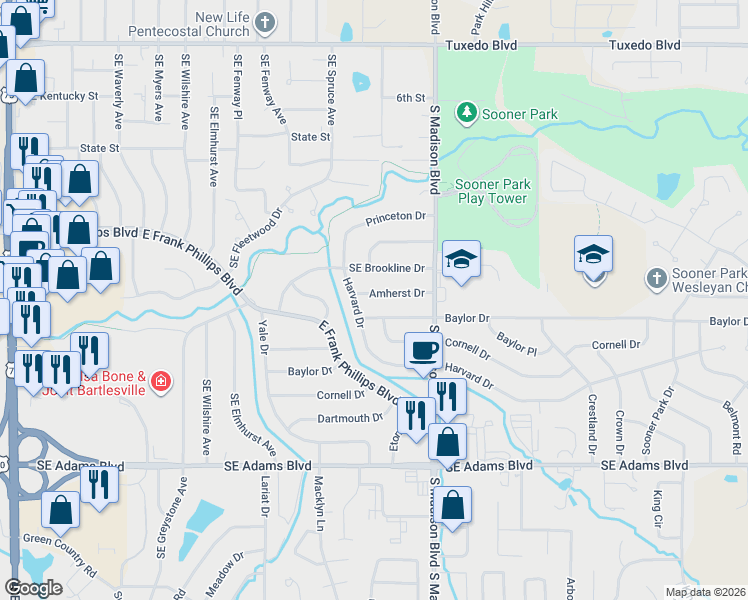 map of restaurants, bars, coffee shops, grocery stores, and more near 4900 Amherst Drive in Bartlesville