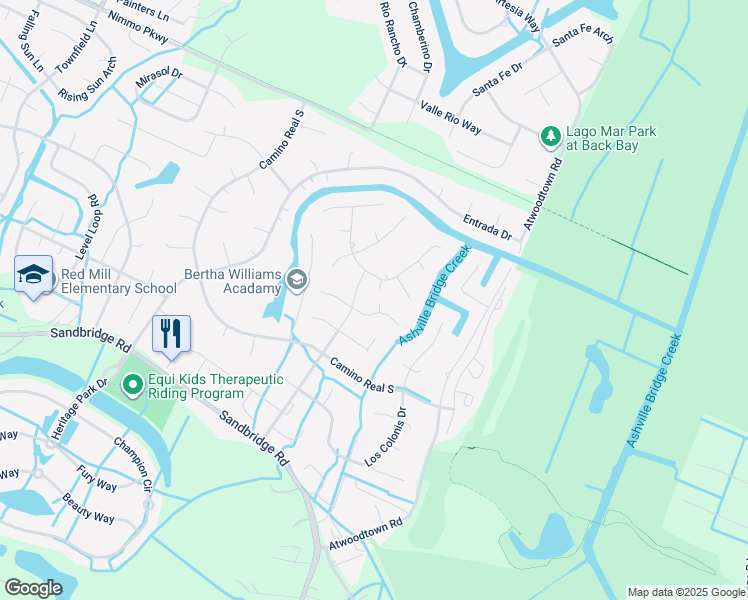 map of restaurants, bars, coffee shops, grocery stores, and more near 2505 La Tierra Circle in Virginia Beach
