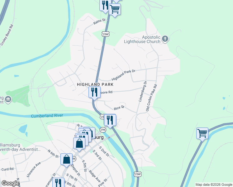 map of restaurants, bars, coffee shops, grocery stores, and more near 561 Moore Road in Williamsburg