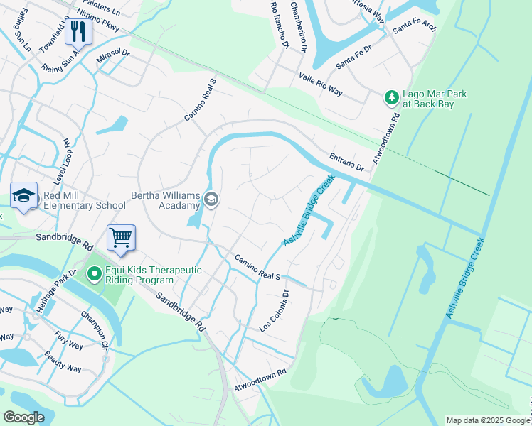 map of restaurants, bars, coffee shops, grocery stores, and more near 2505 La Tierra Circle in Virginia Beach