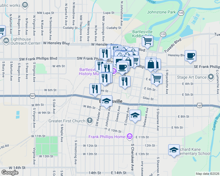 map of restaurants, bars, coffee shops, grocery stores, and more near 117 West 5th Street in Bartlesville