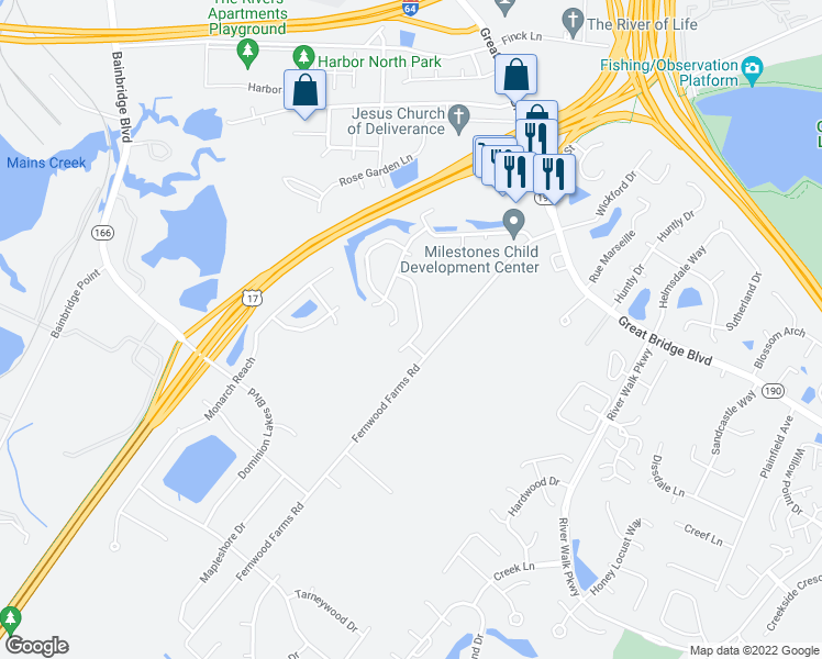 map of restaurants, bars, coffee shops, grocery stores, and more near 436 Cobblewood Bend in Chesapeake