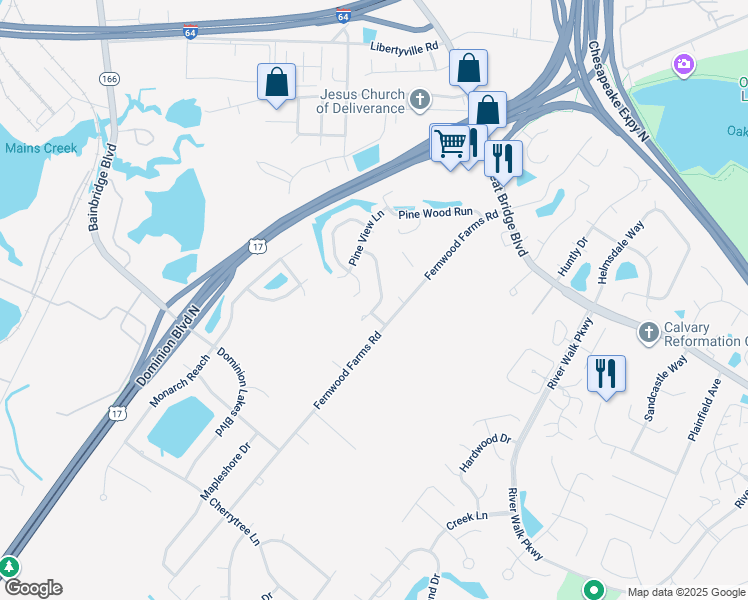 map of restaurants, bars, coffee shops, grocery stores, and more near 436 Cobblewood Bend in Chesapeake