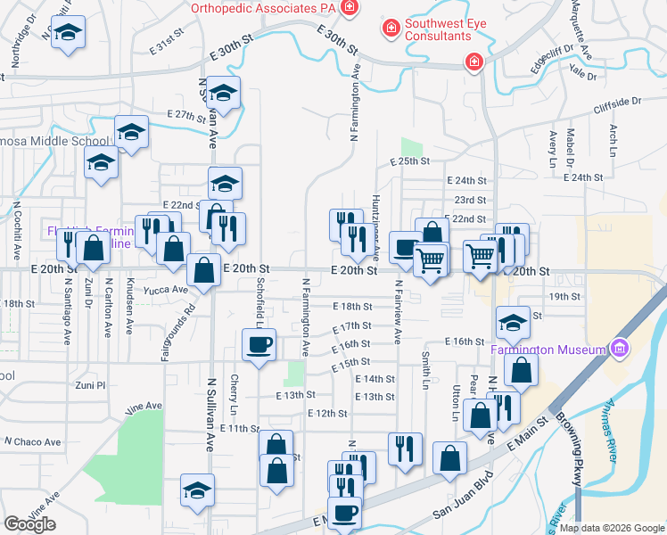 map of restaurants, bars, coffee shops, grocery stores, and more near 2008 Tucker Avenue in Farmington