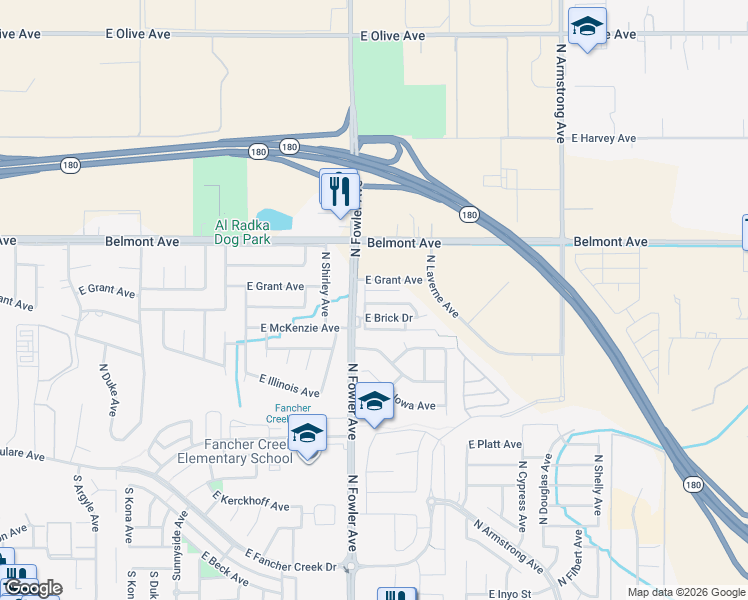 map of restaurants, bars, coffee shops, grocery stores, and more near 6091 East Scenic Way in Fresno