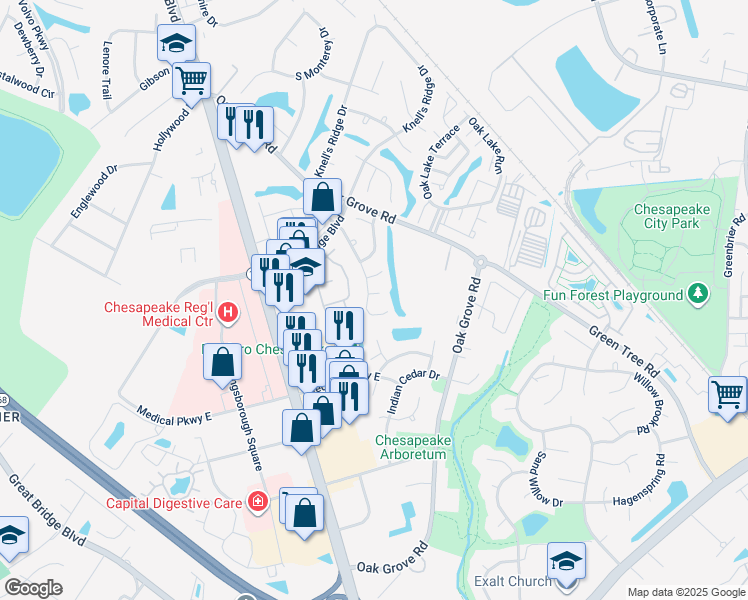 map of restaurants, bars, coffee shops, grocery stores, and more near 303 Amherst Court in Chesapeake
