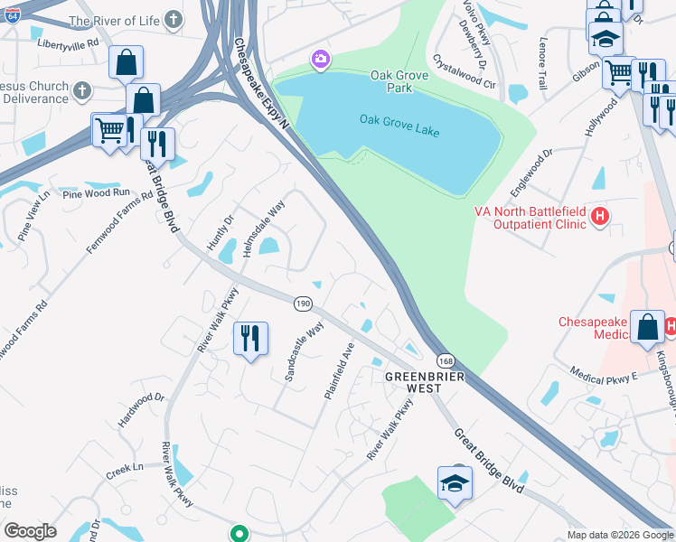 map of restaurants, bars, coffee shops, grocery stores, and more near 700 Treetop Lane in Chesapeake