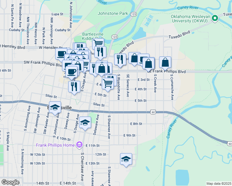 map of restaurants, bars, coffee shops, grocery stores, and more near 402 South Wyandotte Avenue in Bartlesville