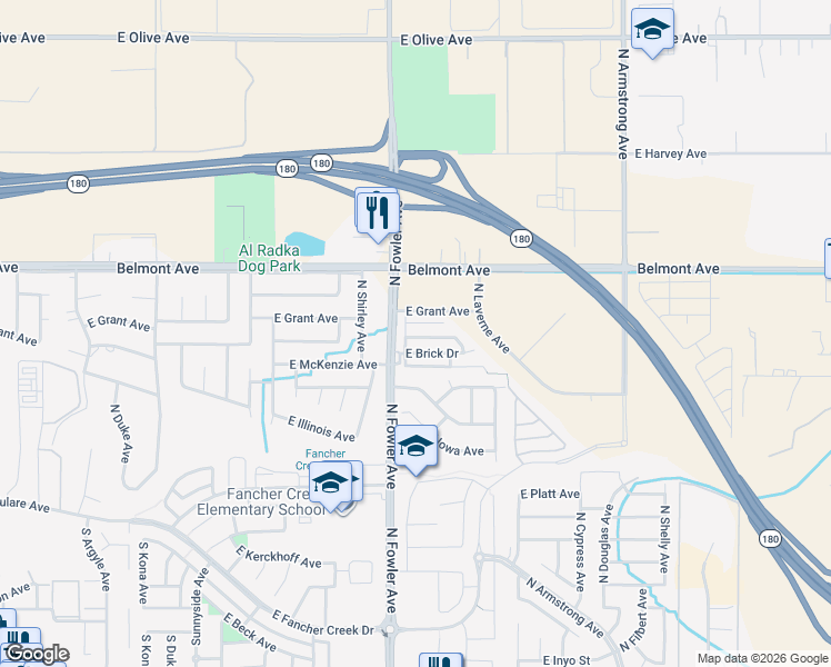 map of restaurants, bars, coffee shops, grocery stores, and more near 6091 East Scenic Way in Fresno