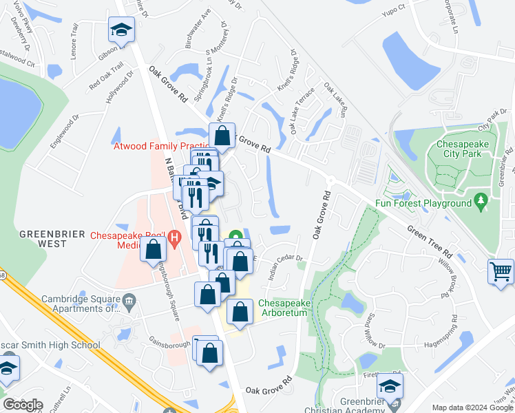 map of restaurants, bars, coffee shops, grocery stores, and more near 303 Amherst Court in Chesapeake