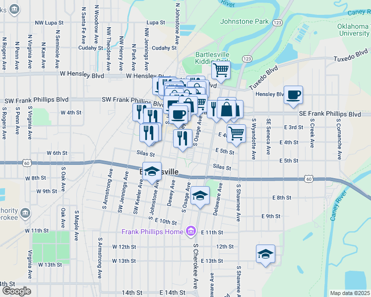 map of restaurants, bars, coffee shops, grocery stores, and more near 500 Dewey Avenue in Bartlesville