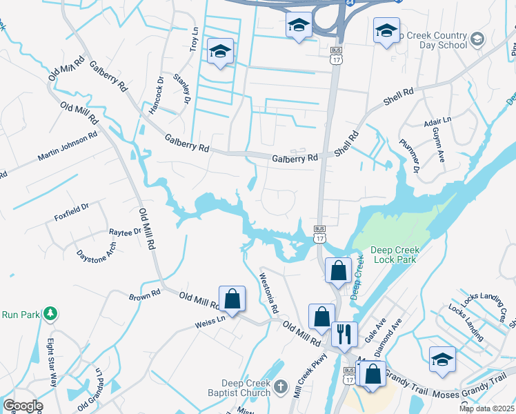 map of restaurants, bars, coffee shops, grocery stores, and more near 2801 Bar Harbor Court in Chesapeake