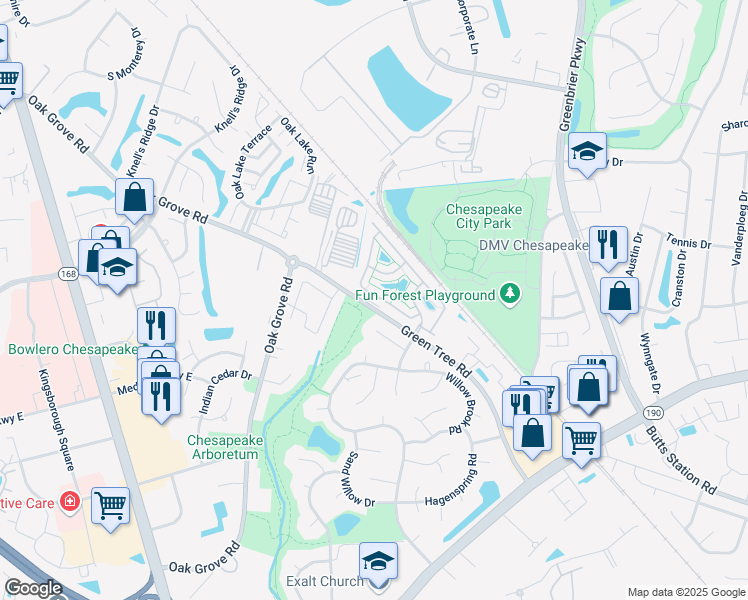 map of restaurants, bars, coffee shops, grocery stores, and more near 426 Blue Beech Way in Chesapeake